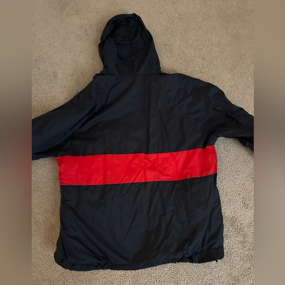 NAVY AND RED STRIPED RAIN JACKET WIT HOOD!! - Picture 2 of 3